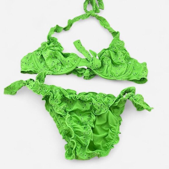 Bright green y2k scrunch frilly romantic eyelet bow European summer bikini M - Picture 7 of 7